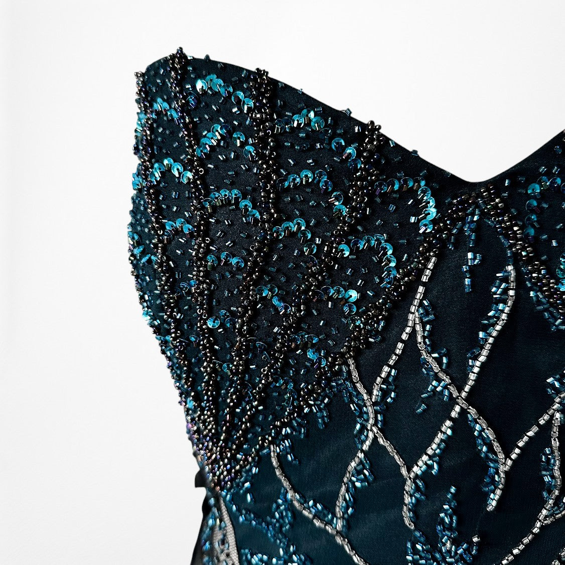 Vintage Y2K Blue Beaded Fit Flared Ombre Maxi Prom Dress W/ Shawl Size M/L