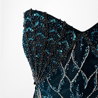 Vintage Y2K Blue Beaded Fit Flared Ombre Maxi Prom Dress W/ Shawl Size M/L