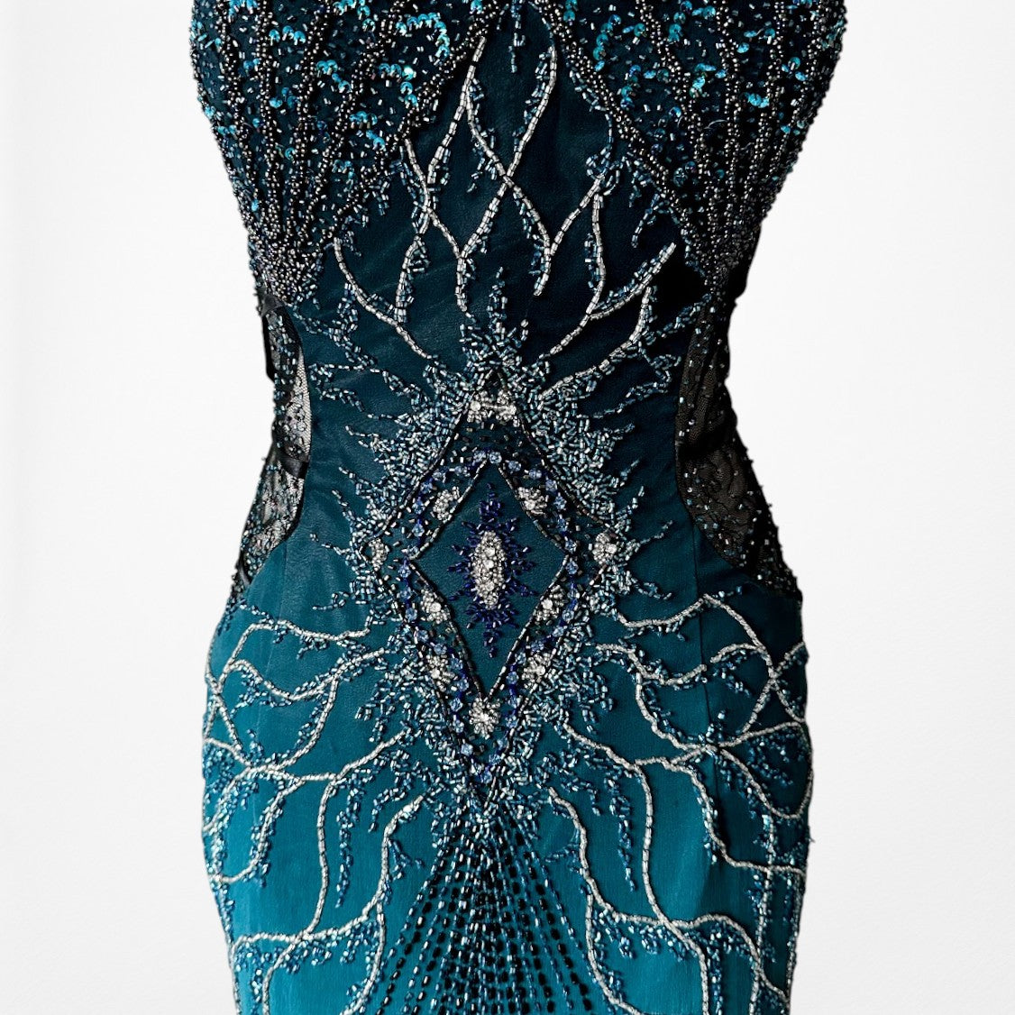 Vintage Y2K Blue Beaded Fit Flared Ombre Maxi Prom Dress W/ Shawl Size M/L