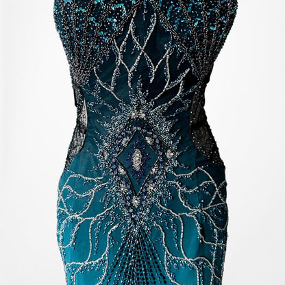 Vintage Y2K Blue Beaded Fit Flared Ombre Maxi Prom Dress W/ Shawl Size M/L