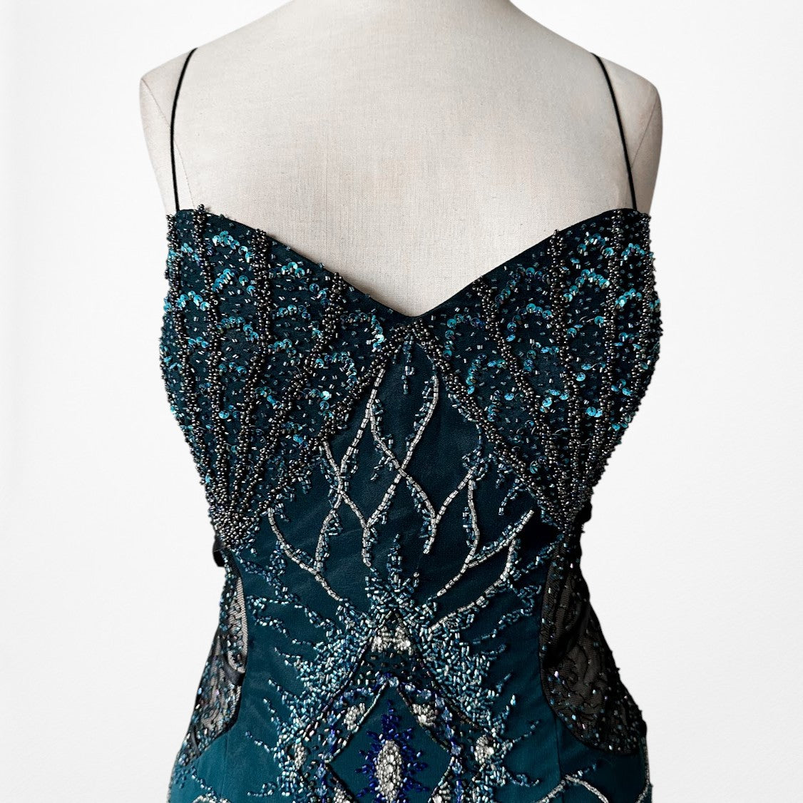 Vintage Y2K Blue Beaded Fit Flared Ombre Maxi Prom Dress W/ Shawl Size M/L