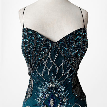 Vintage Y2K Blue Beaded Fit Flared Ombre Maxi Prom Dress W/ Shawl Size M/L