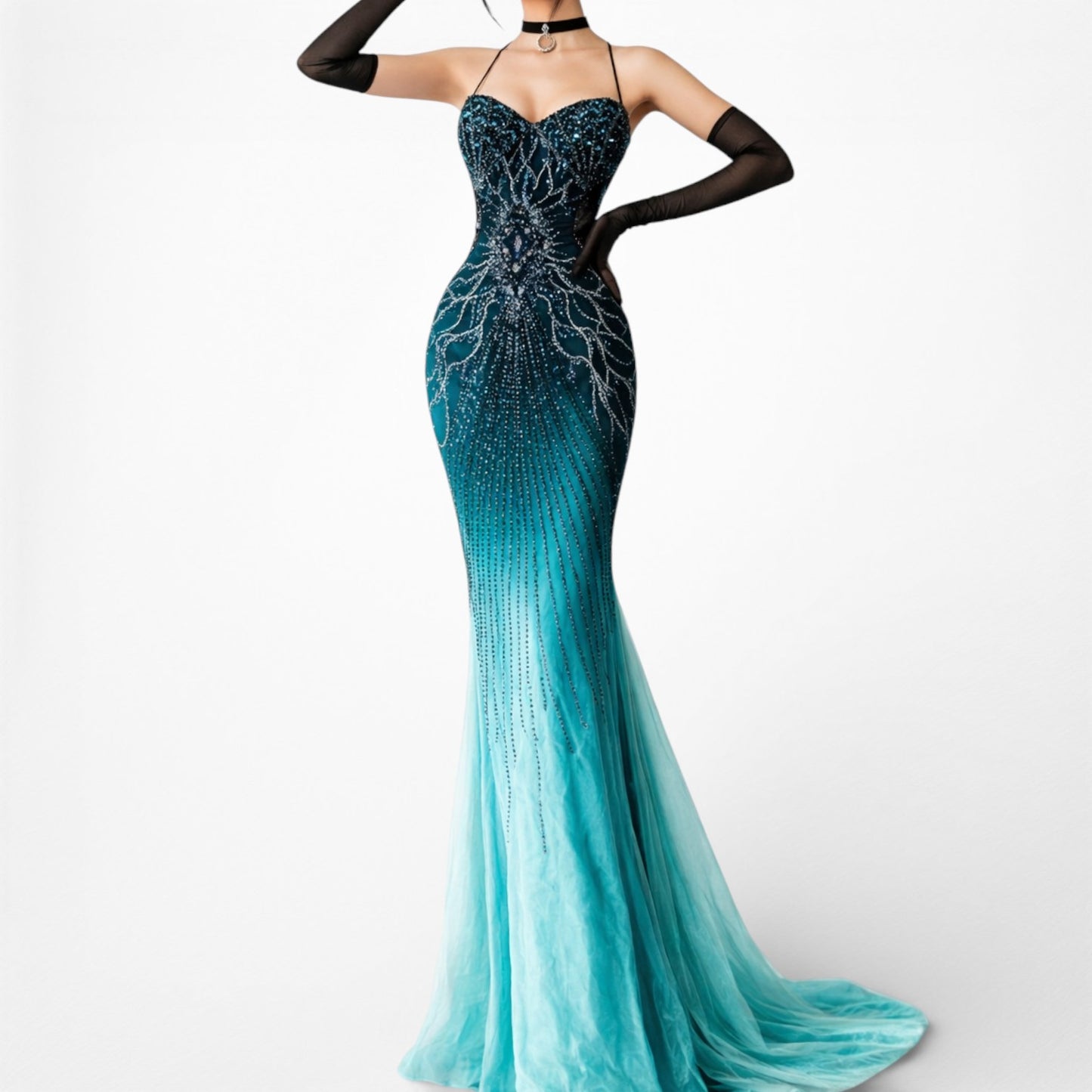 Vintage Y2K Blue Beaded Fit Flared Ombre Maxi Prom Dress W/ Shawl Size M/L