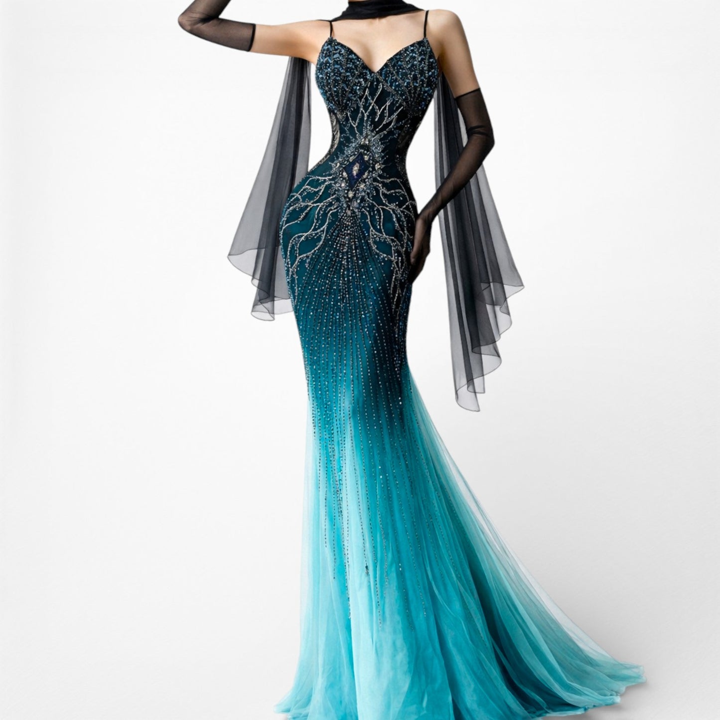 Vintage Y2K Blue Beaded Fit Flared Ombre Maxi Prom Dress W/ Shawl Size M/L