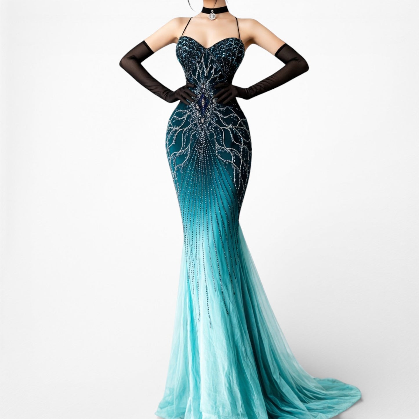 Vintage Y2K Blue Beaded Fit Flared Ombre Maxi Prom Dress W/ Shawl Size M/L