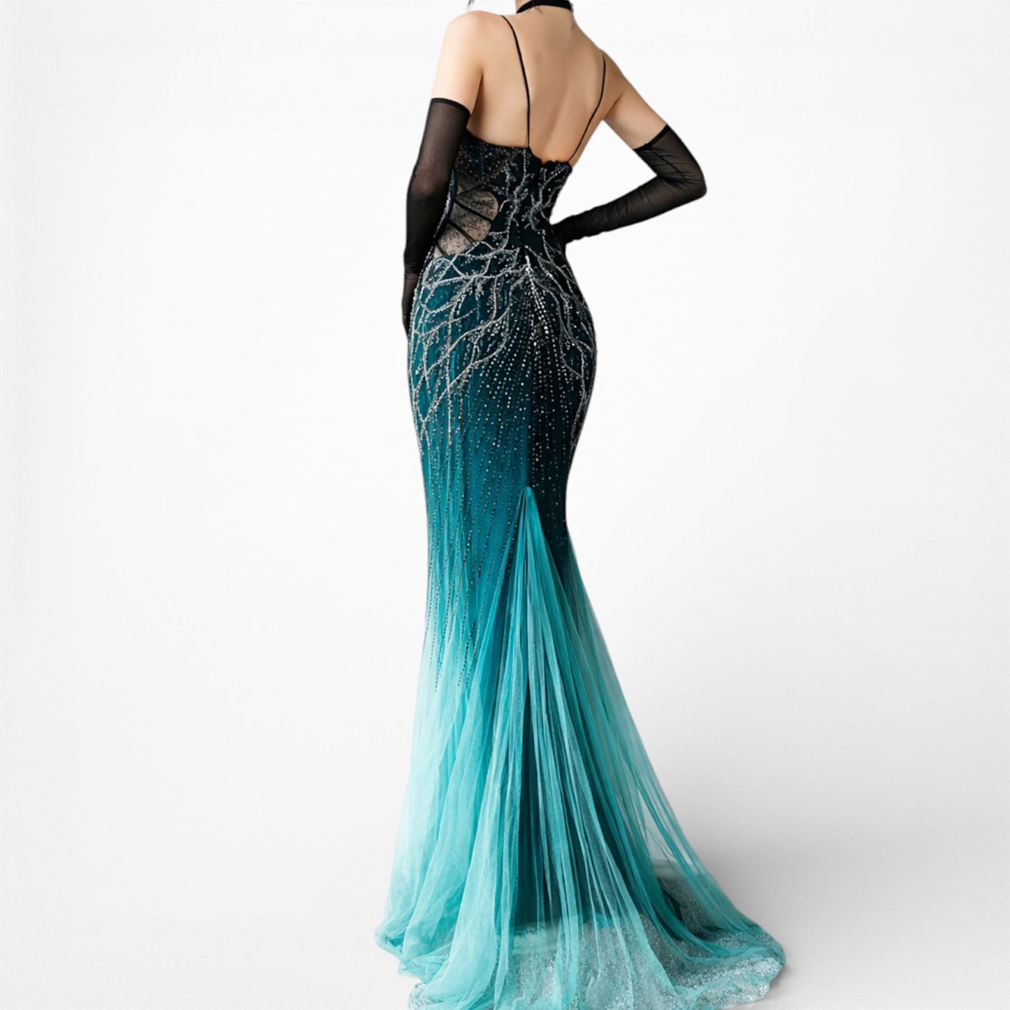 Vintage Y2K Blue Beaded Fit Flared Ombre Maxi Prom Dress W/ Shawl Size M/L