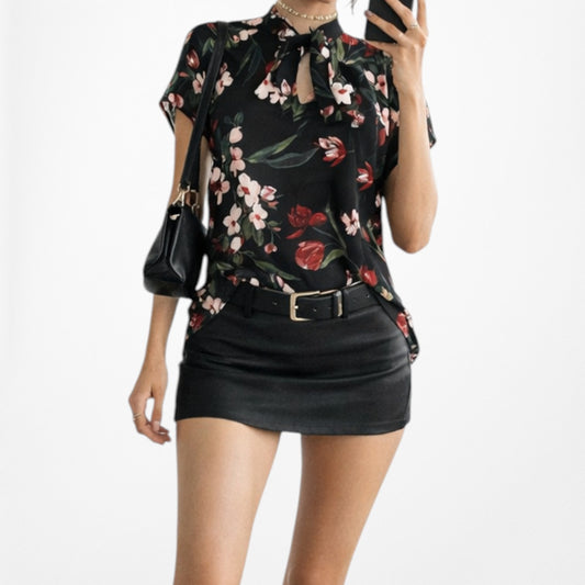 Vintage Y2K Black Floral Print Capped Sleeve Neck Tie Blouse Top Size S
