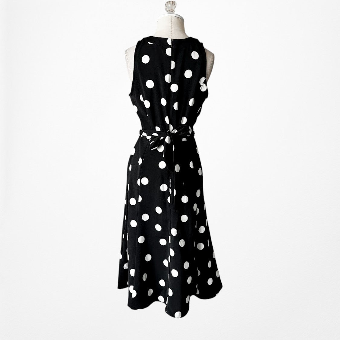 Vintage Y2K Black White Polka Dot Sleeveless Knee Length Flared Dress Size M