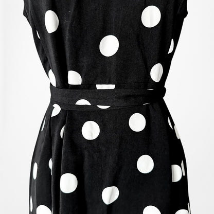 Vintage Y2K Black White Polka Dot Sleeveless Knee Length Flared Dress Size M