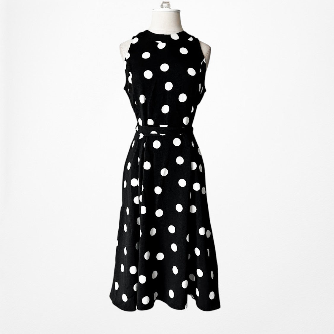Vintage Y2K Black White Polka Dot Sleeveless Knee Length Flared Dress Size M