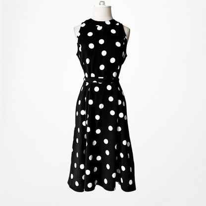 Vintage Y2K Black White Polka Dot Sleeveless Knee Length Flared Dress Size M