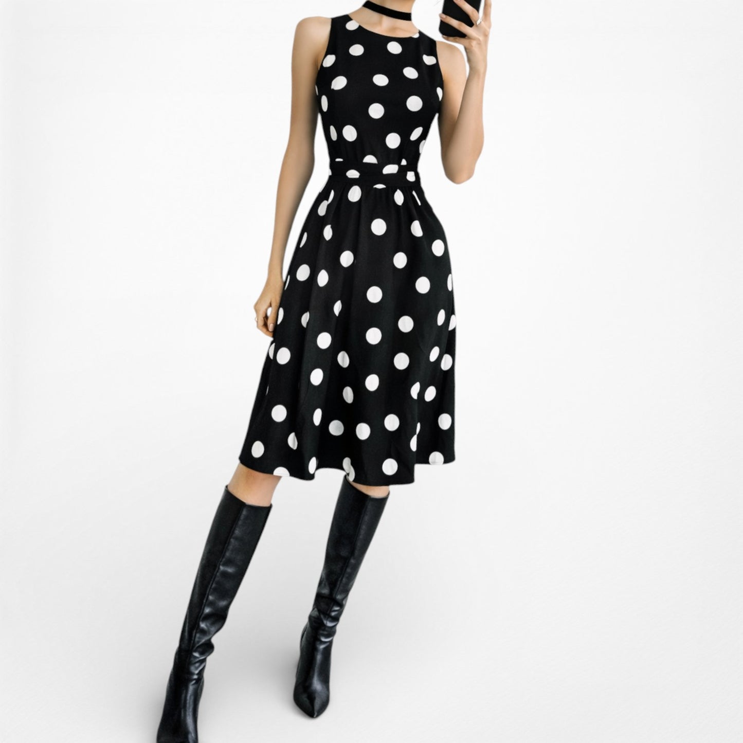 Vintage Y2K Black White Polka Dot Sleeveless Knee Length Flared Dress Size M