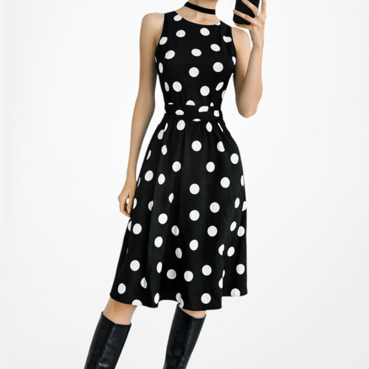 Vintage Y2K Black White Polka Dot Sleeveless Knee Length Flared Dress Size M