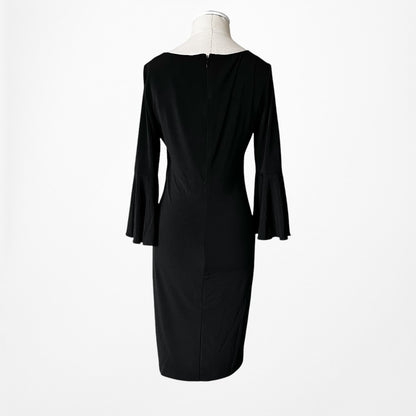 Vintage Y2K Black Long Bell Sleeves Knee Length Knit Bodycon Dress Size M