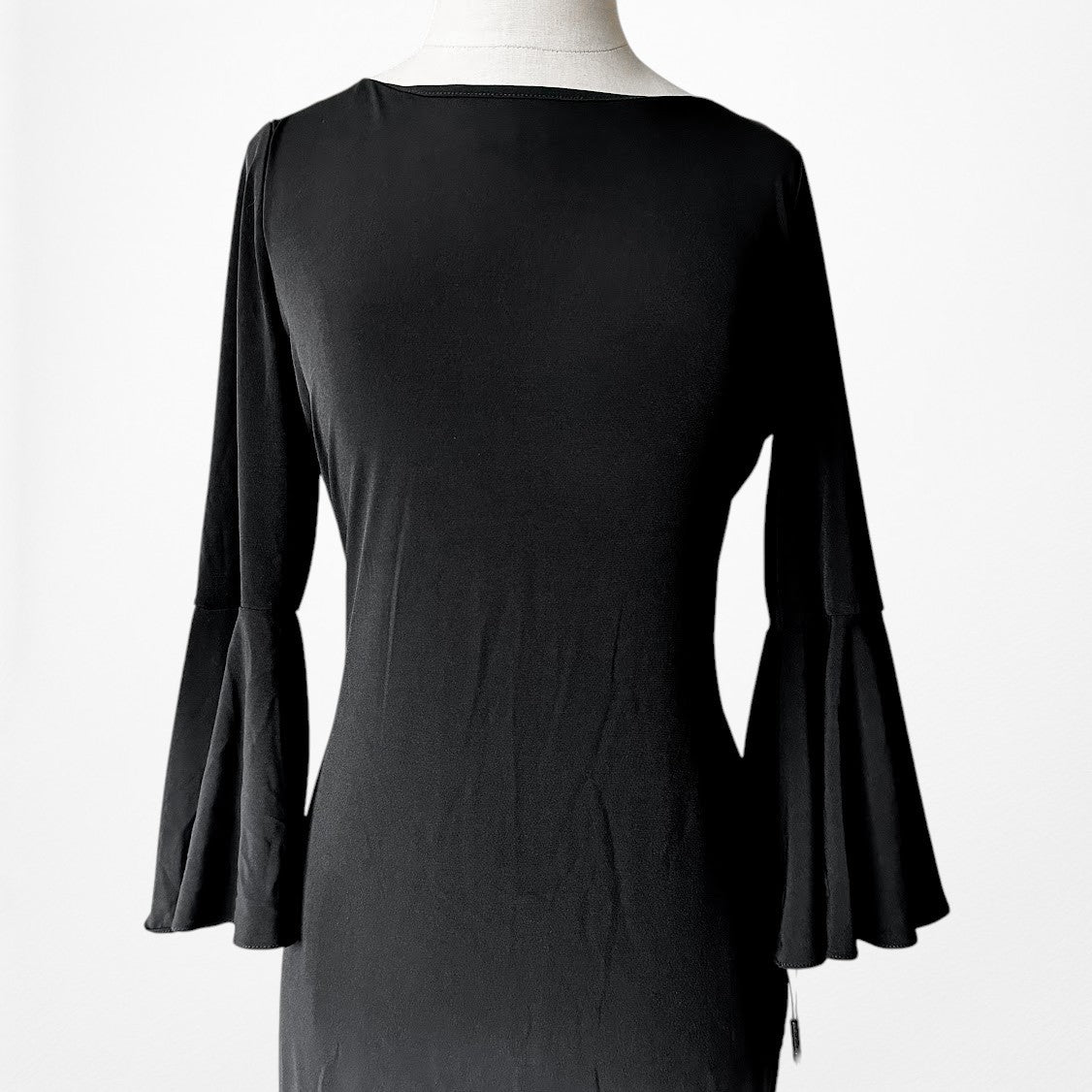 Vintage Y2K Black Long Bell Sleeves Knee Length Knit Bodycon Dress Size M