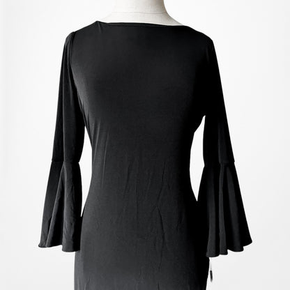 Vintage Y2K Black Long Bell Sleeves Knee Length Knit Bodycon Dress Size M