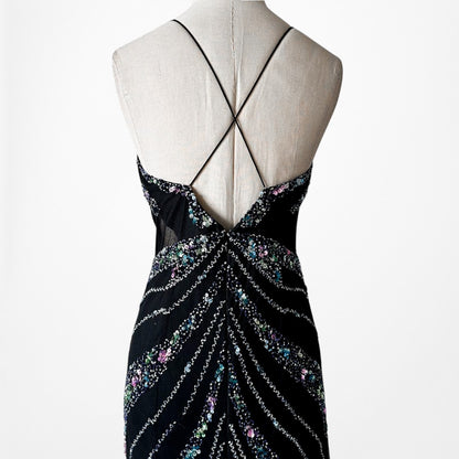 Vintage Y2K Black Knit Sequin Beaded Bodycon Mermaid Maxi Prom Dress Size S/M