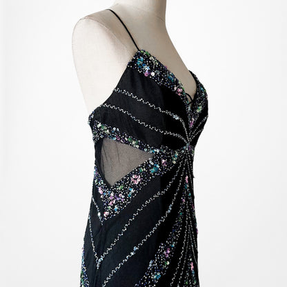 Vintage Y2K Black Knit Sequin Beaded Bodycon Mermaid Maxi Prom Dress Size S/M