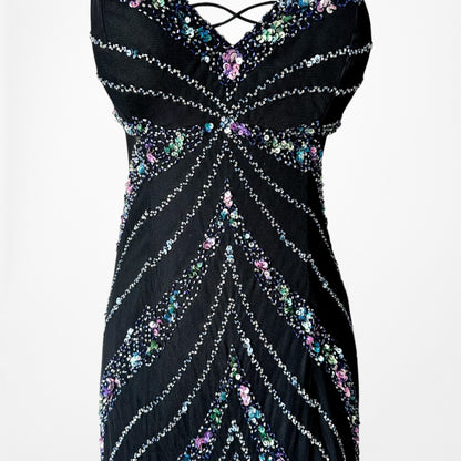 Vintage Y2K Black Knit Sequin Beaded Bodycon Mermaid Maxi Prom Dress Size S/M