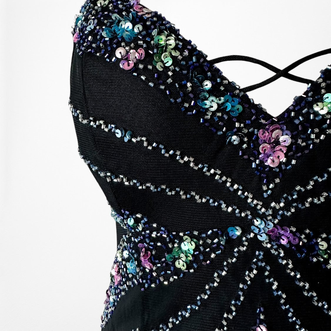 Vintage Y2K Black Knit Sequin Beaded Bodycon Mermaid Maxi Prom Dress Size S/M