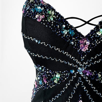 Vintage Y2K Black Knit Sequin Beaded Bodycon Mermaid Maxi Prom Dress Size S/M