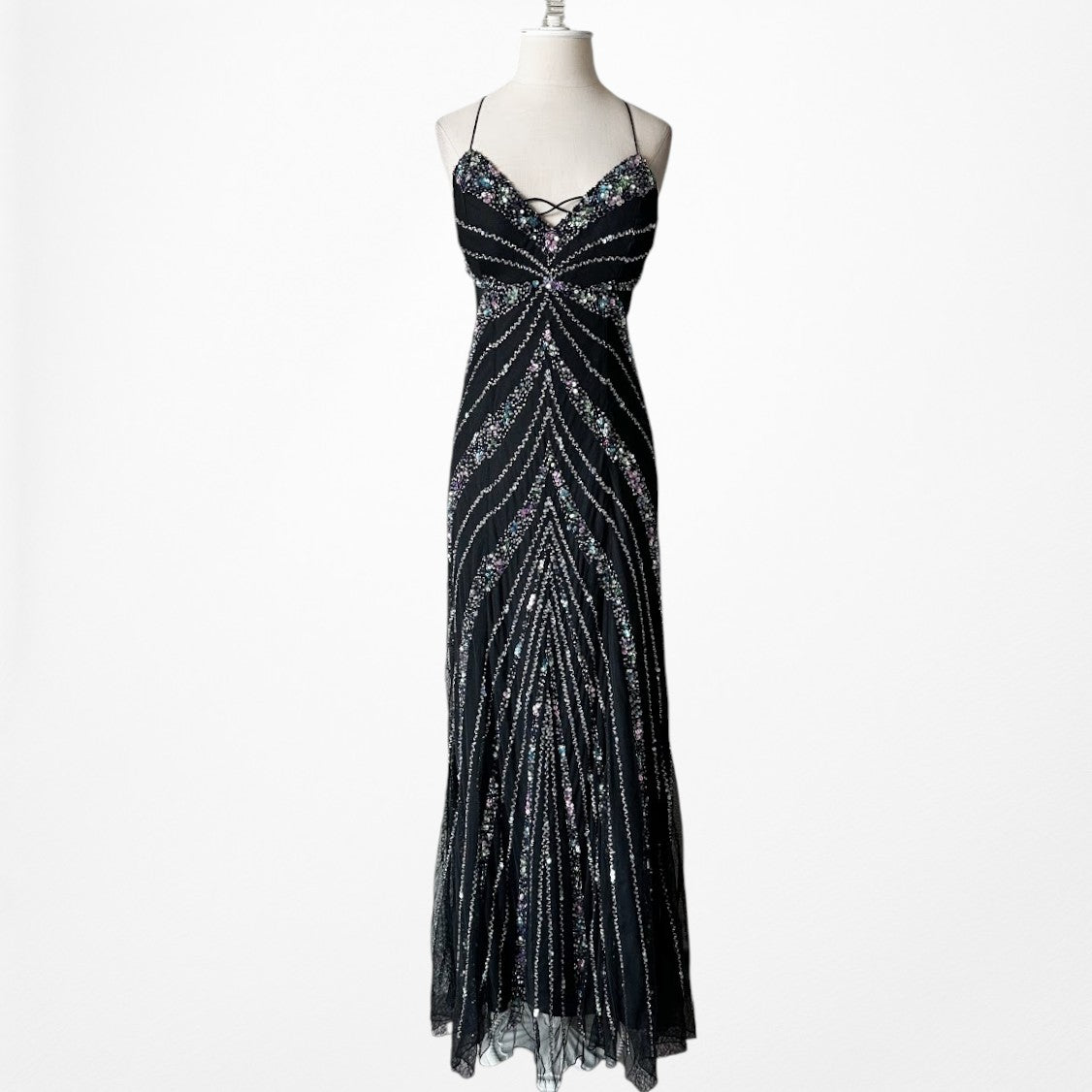 Vintage Y2K Black Knit Sequin Beaded Bodycon Mermaid Maxi Prom Dress Size S/M