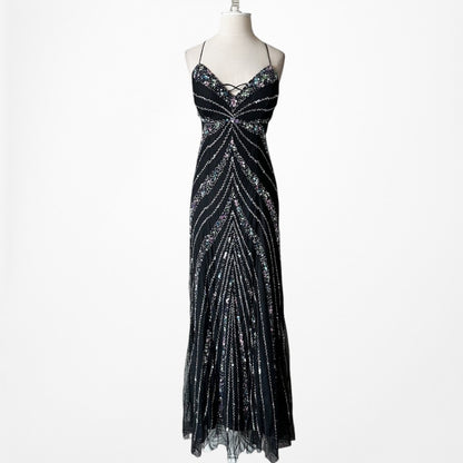 Vintage Y2K Black Knit Sequin Beaded Bodycon Mermaid Maxi Prom Dress Size S/M