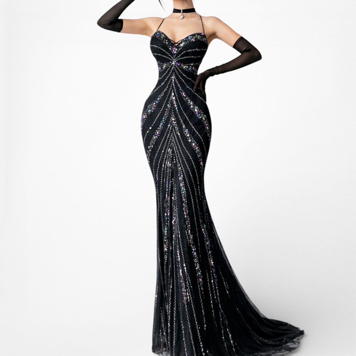 Vintage Y2K Black Knit Sequin Beaded Bodycon Mermaid Maxi Prom Dress Size S/M