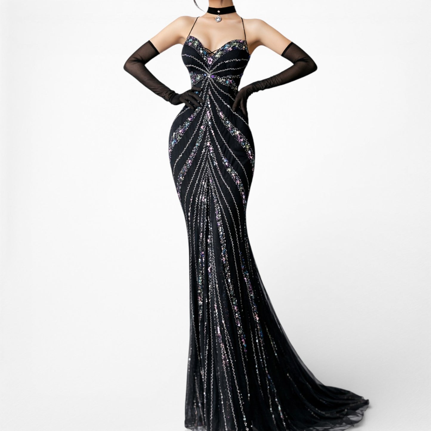 Vintage Y2K Black Knit Sequin Beaded Bodycon Mermaid Maxi Prom Dress Size S/M