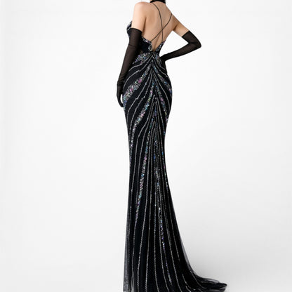 Vintage Y2K Black Knit Sequin Beaded Bodycon Mermaid Maxi Prom Dress Size S/M