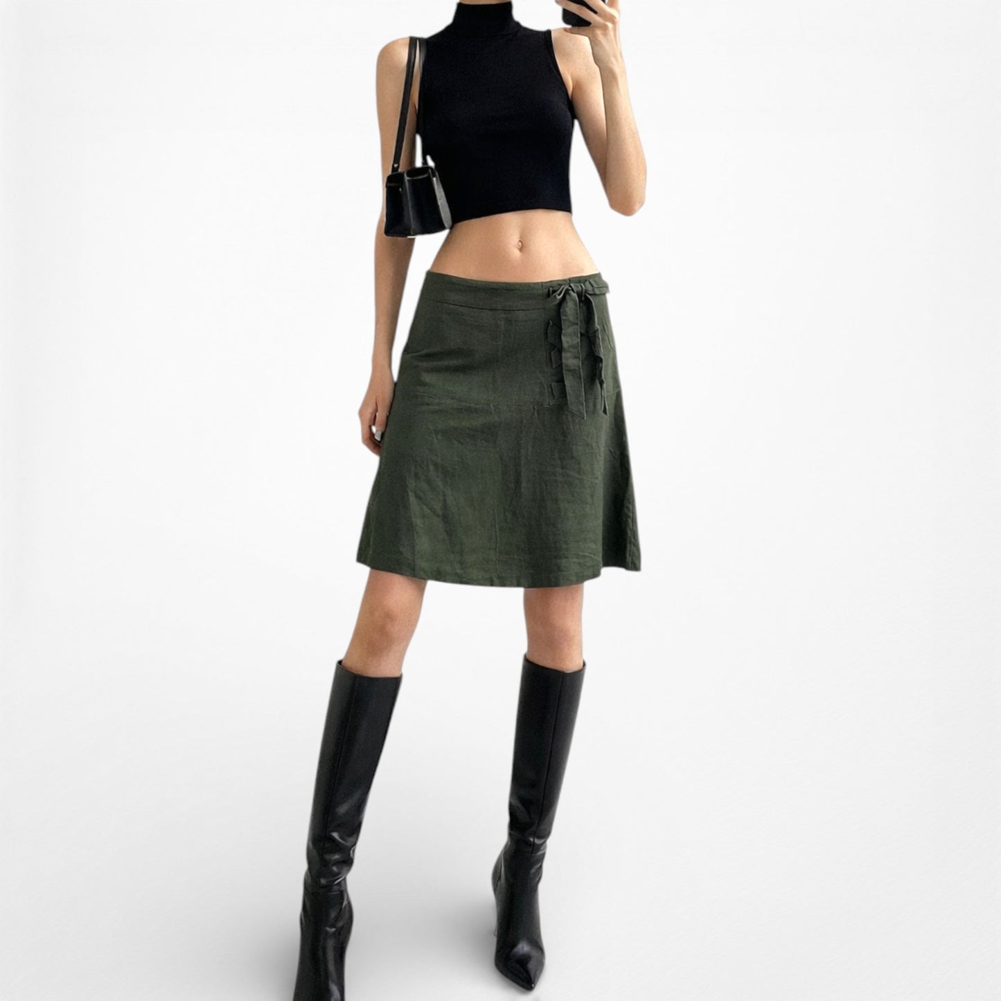 Vintage Y2K Camo Green Bow Tie Detail Knee Length Flared Skirt Size S/M