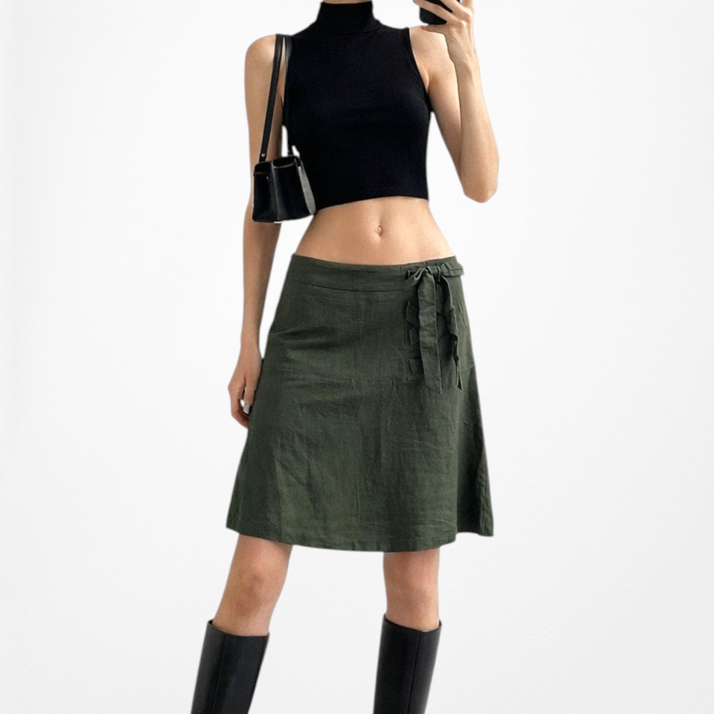 Vintage Y2K Camo Green Bow Tie Detail Knee Length Flared Skirt Size S/M