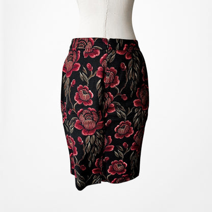 Vintage Y2K Black Red Floral Print Knee Length Straight Pencil Bodycon Skirt S/M