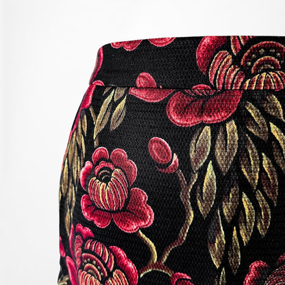 Vintage Y2K Black Red Floral Print Knee Length Straight Pencil Bodycon Skirt S/M