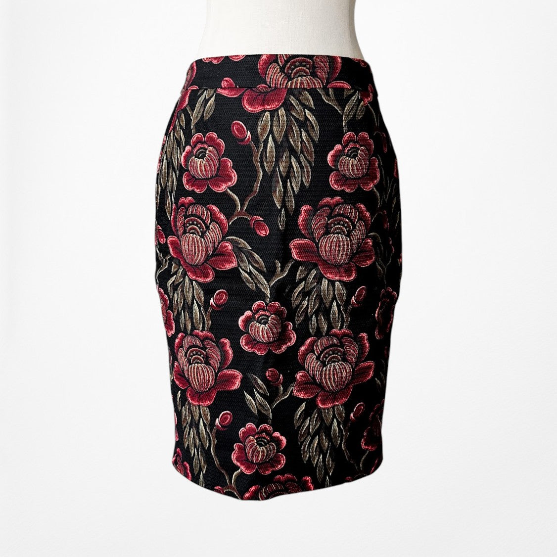Vintage Y2K Black Red Floral Print Knee Length Straight Pencil Bodycon Skirt S/M