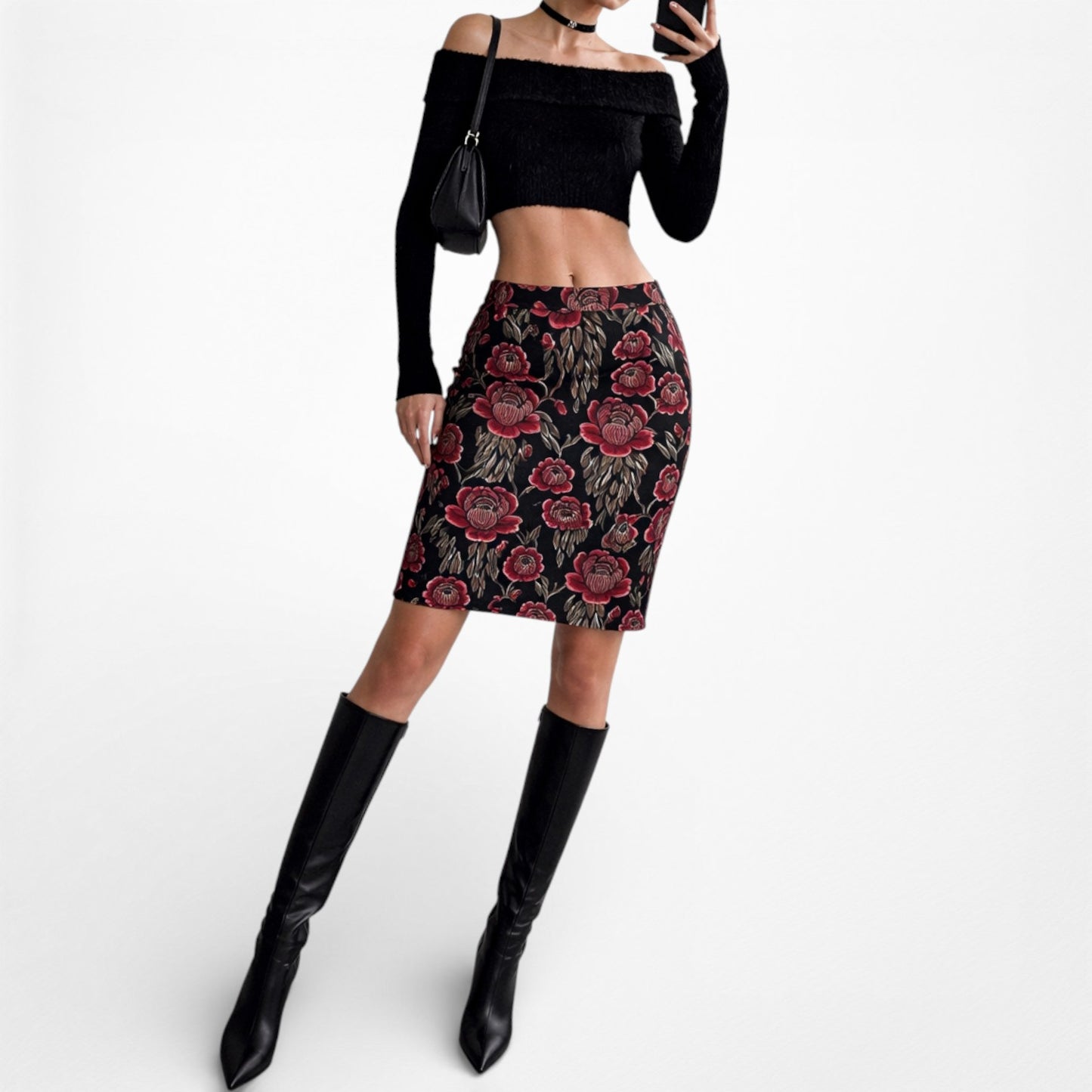 Vintage Y2K Black Red Floral Print Knee Length Straight Pencil Bodycon Skirt S/M