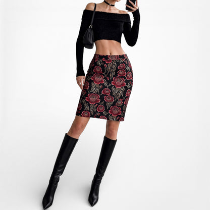 Vintage Y2K Black Red Floral Print Knee Length Straight Pencil Bodycon Skirt S/M