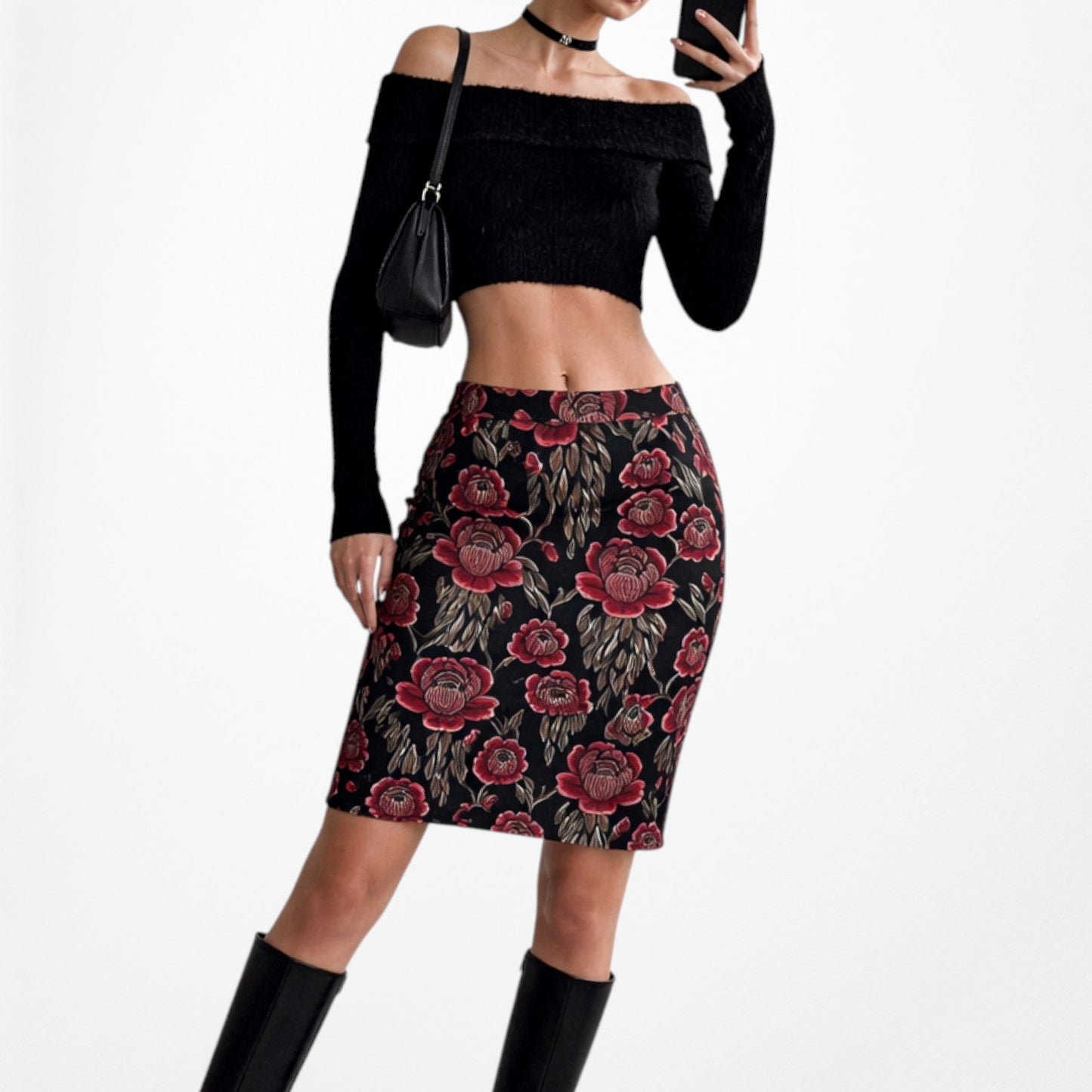 Vintage Y2K Black Red Floral Print Knee Length Straight Pencil Bodycon Skirt S/M