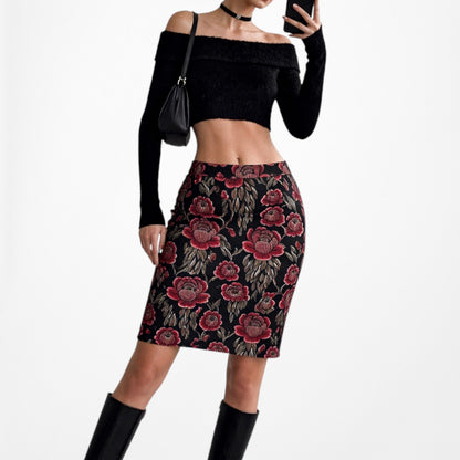 Vintage Y2K Black Red Floral Print Knee Length Straight Pencil Bodycon Skirt S/M