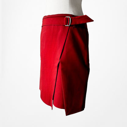 Vintage Y2K Red Buckle Detail Asymmetric Wrap Knee Length Pencil Skirt Size S/M
