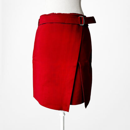 Vintage Y2K Red Buckle Detail Asymmetric Wrap Knee Length Pencil Skirt Size S/M