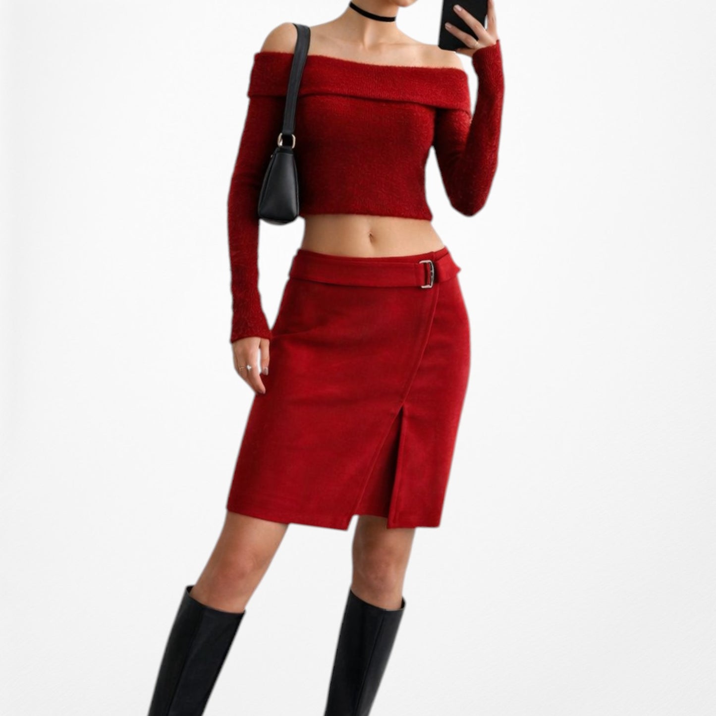 Vintage Y2K Red Buckle Detail Asymmetric Wrap Knee Length Pencil Skirt Size S/M