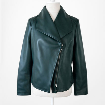 Vintage Y2K Dark Green Motorcycle Faux Leather Jacket Size 6/M