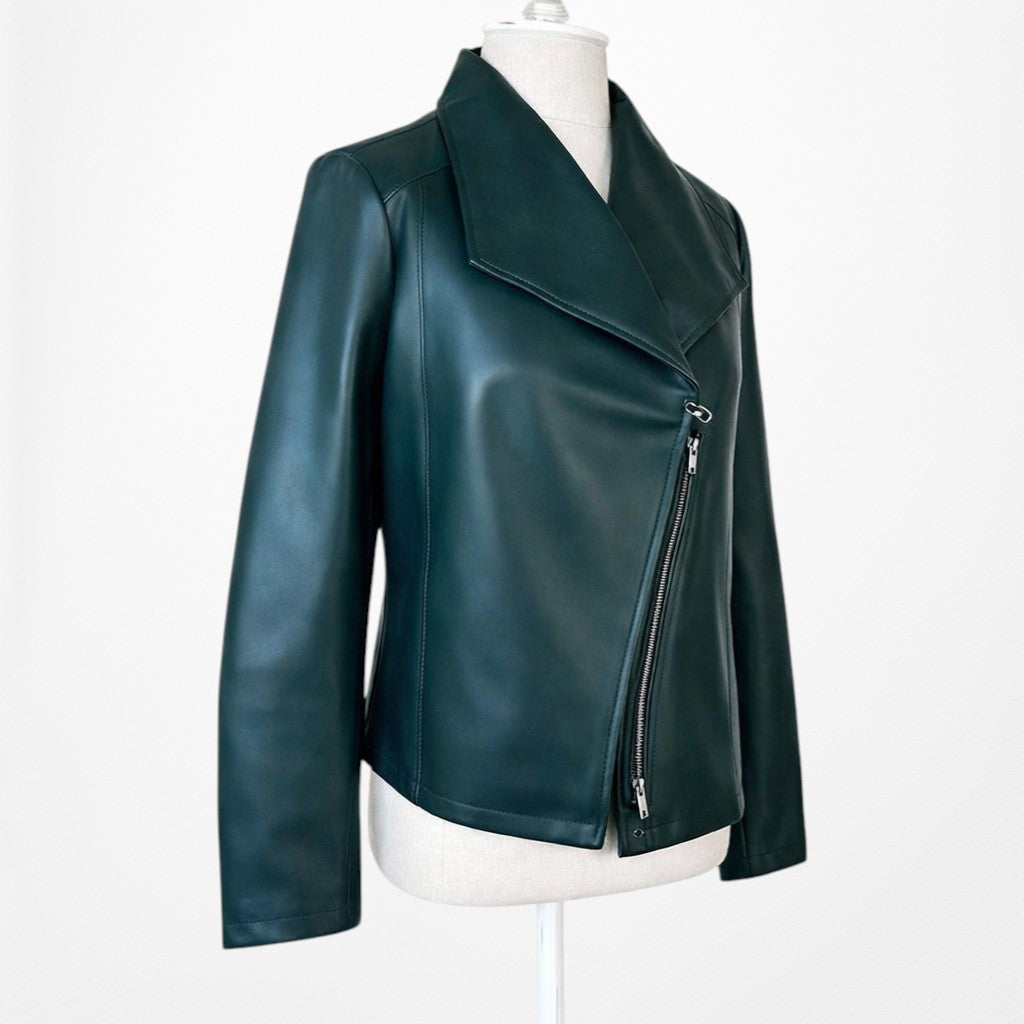 Vintage Y2K Dark Green Motorcycle Faux Leather Jacket Size 6/M