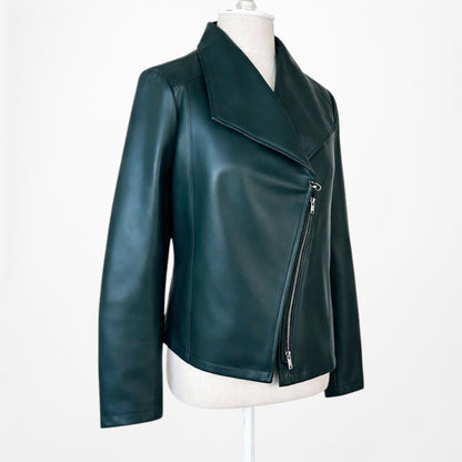 Vintage Y2K Dark Green Motorcycle Faux Leather Jacket Size 6/M