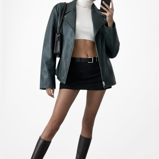 Vintage Y2K Dark Green Motorcycle Faux Leather Jacket Size 6/M