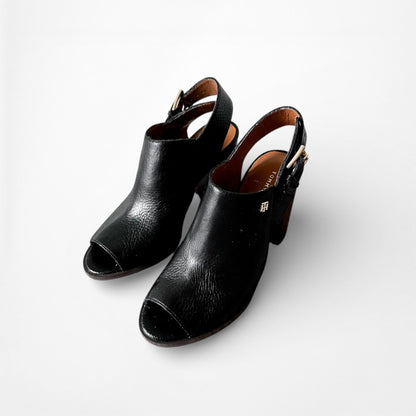 Vintage Y2K Tommy Hilfiger Black Peep Toe Chunky Heel Slingback Leather Shoes