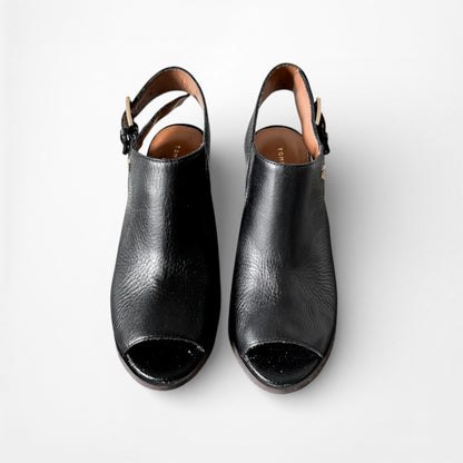 Vintage Y2K Tommy Hilfiger Black Peep Toe Chunky Heel Slingback Leather Shoes