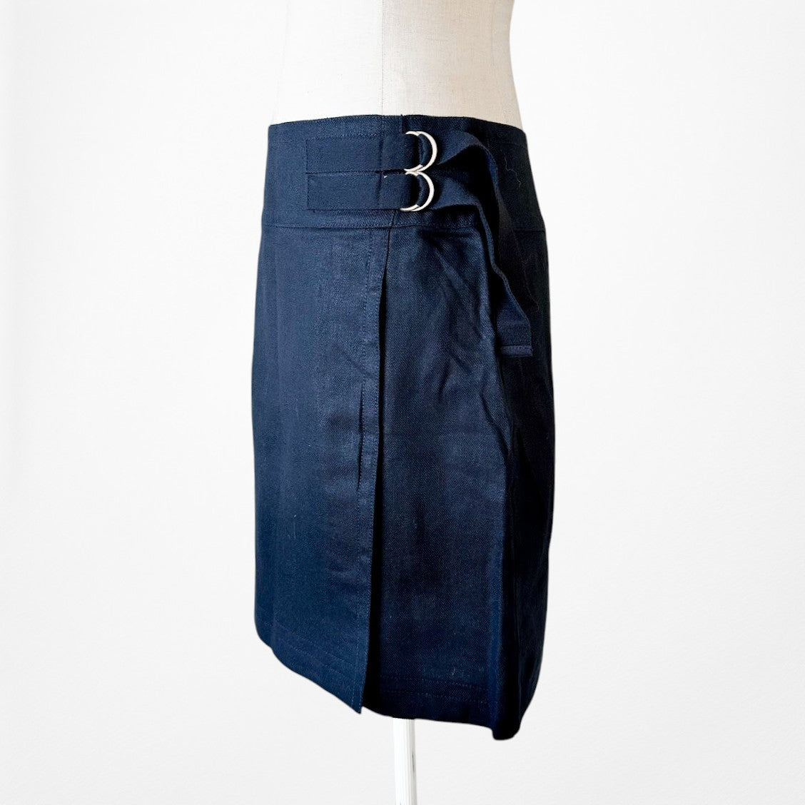 Vintage Y2K Navy Blue Denim Look Buckle Detail Knee Length A-Line Skirt Size M