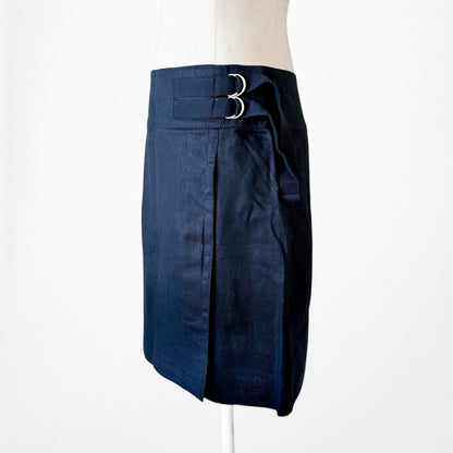 Vintage Y2K Navy Blue Denim Look Buckle Detail Knee Length A-Line Skirt Size M